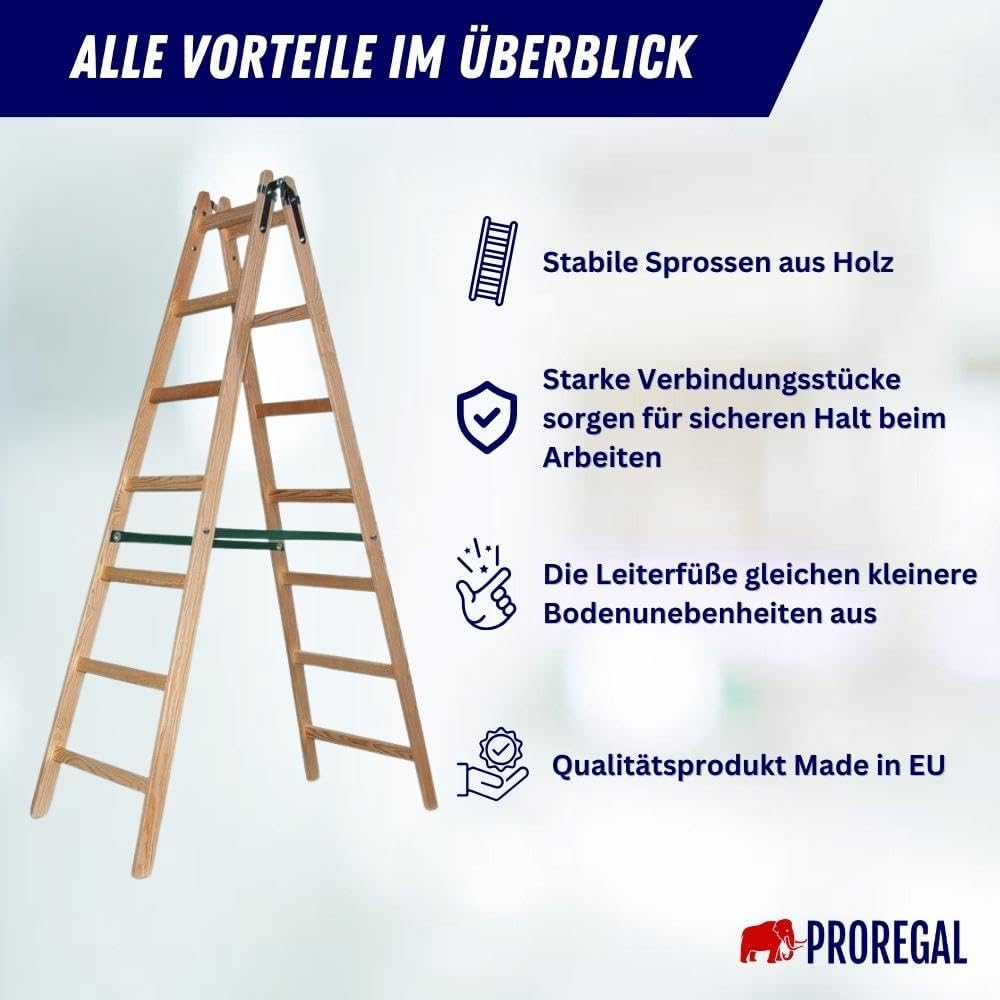 PROREGAL Houten Trapladder Economy Plus, Tweezijdige Toegang, 2 x 7 Sporten, Werkhoogte 3,60 m, Draagvermogen 150 kg