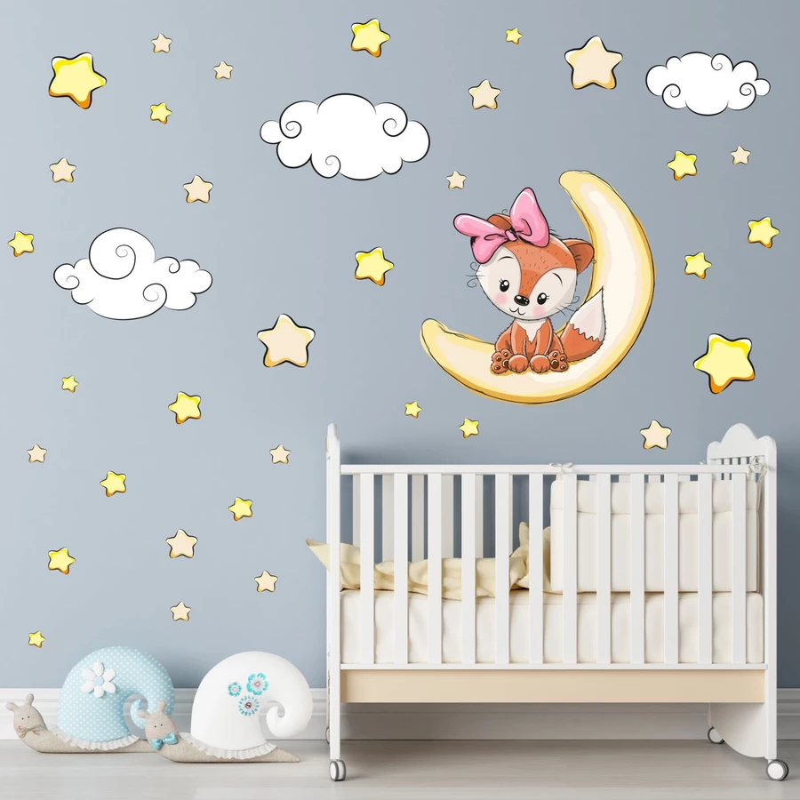 Nikima Wandtattoo 012 Wandtattoo Fuchs Mädchen schläft auf Mond Wolken Sterne gelb