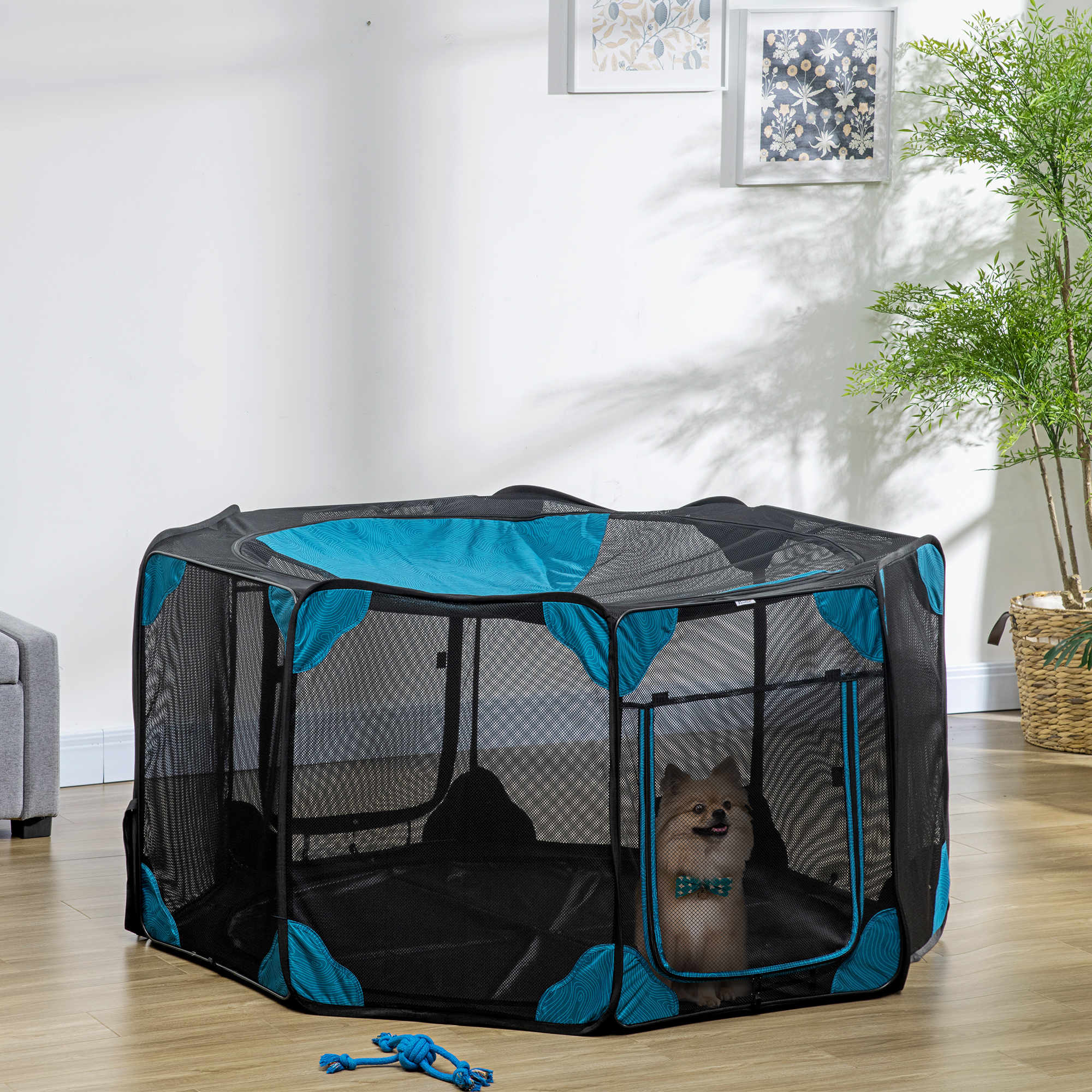 Parque dobrável PawHut com 8 painéis para cães e gatos, recinto portátil para coelhos e porquinhos-da-índia, Ø126x58 cm, azul