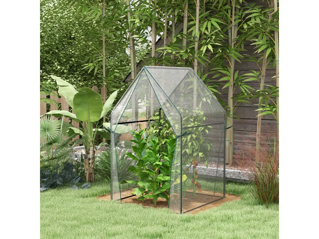 Serre de jardin balcon terrasse serre pour tomates 0,9L x 0,9l x 1,45H m double porte acier PVC transparent vert