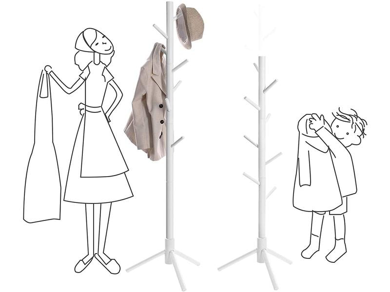 VASAGLE Garderobenständer mit 8 Haken 175 cm, Weiss Garderobe aus Massivholz