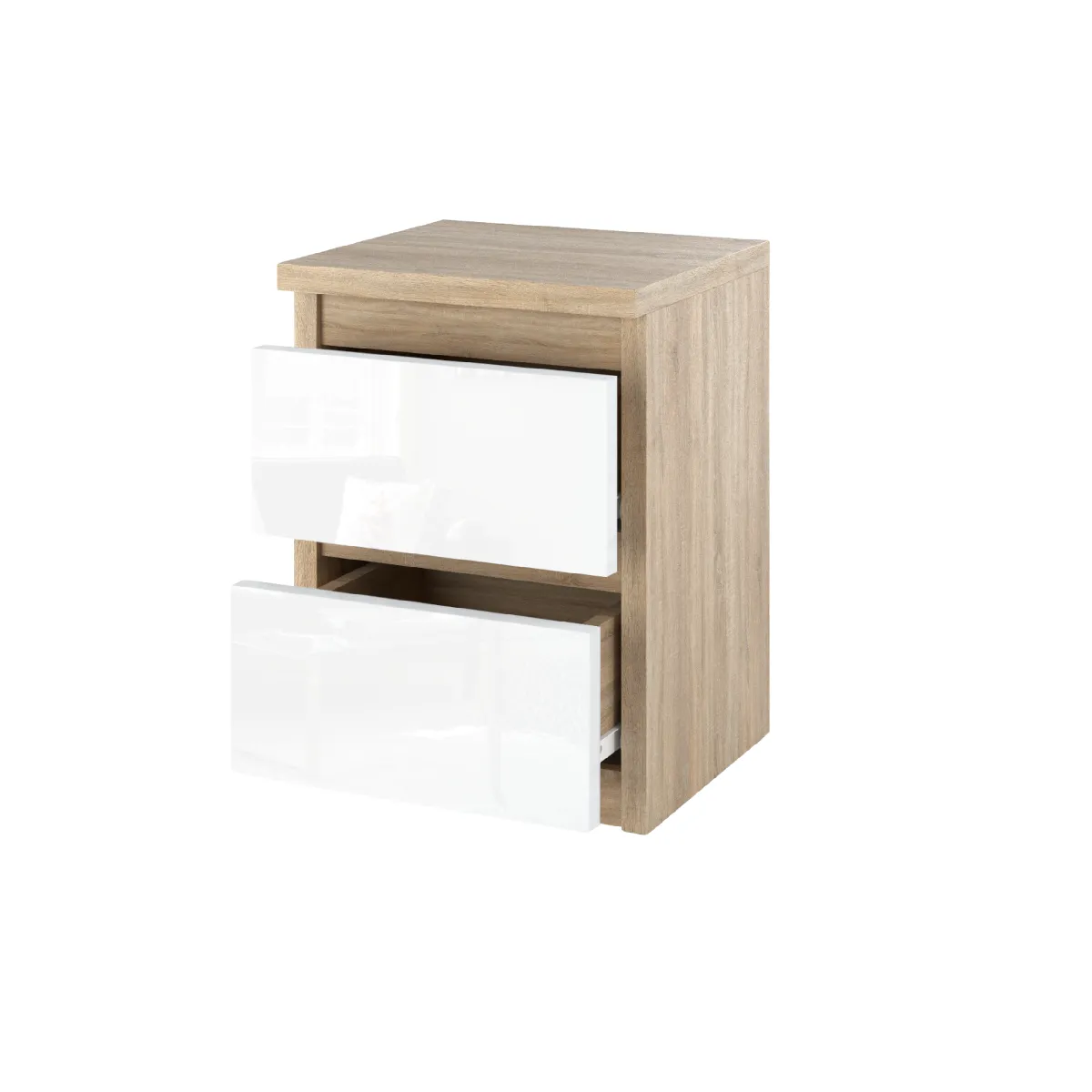 Table de Chevet Sonoma/Blanc Brillant - 2 Tiroirs - 30 cm