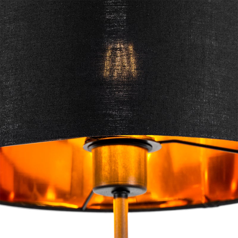 QAZQA - Moderne staande lamp, zwart met gouden en messing details - VT 1 | Woonkamer | Slaapkamer - Ronde stoffen kap - LED-compatibel, E27-fitting