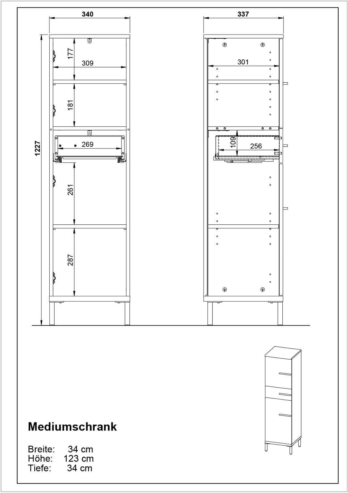 Unterschrank YONKERS 34 x 123 cm Graphit/ Navarra Eiche