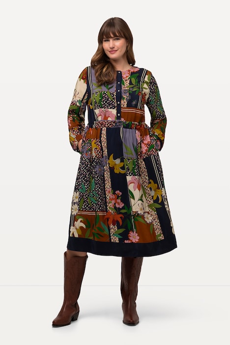 Midikleid, doppellagig, Tunnelzug, Rundhals, Langarm