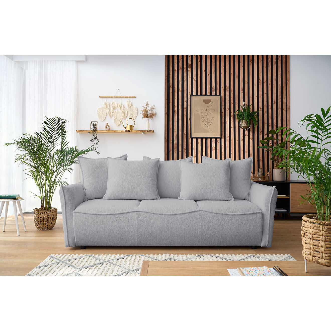 Bobochic Canapé 3 places convertible coffre Bouclette Leon gris clair - 226x97x90 cm