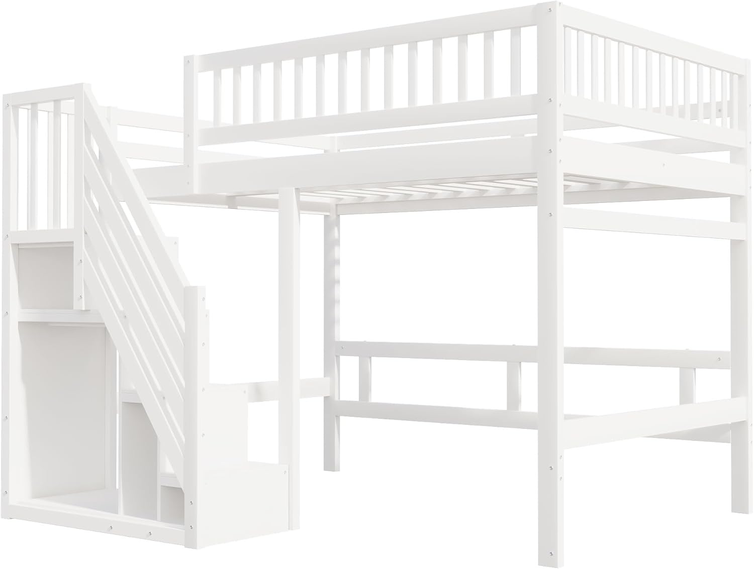 Kinderbett Etagenbett 140x200 cm, Hochbett mit Treppe und Stauschrank, Multifunktionsbett Doppelbett Stockbett Spielbett Kinderhochbett Jugendhochbett mit Lattenrost, Massivholz, Ohne Matratze, Weiß