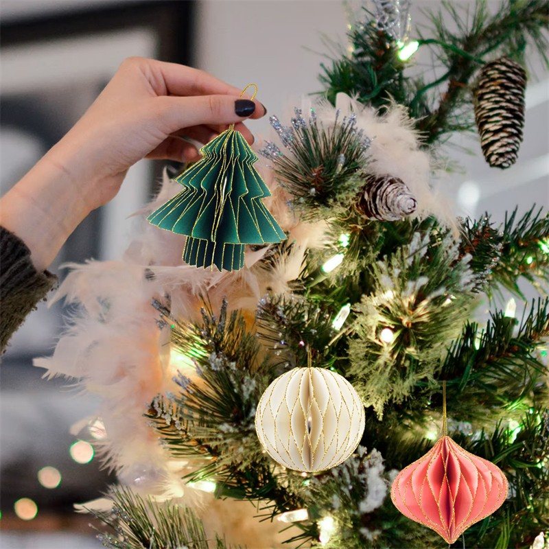 (3er Set) Papier Christbaum Schmuck Fächer Ornament Weihnachtskugeln Deko mit Glitzer