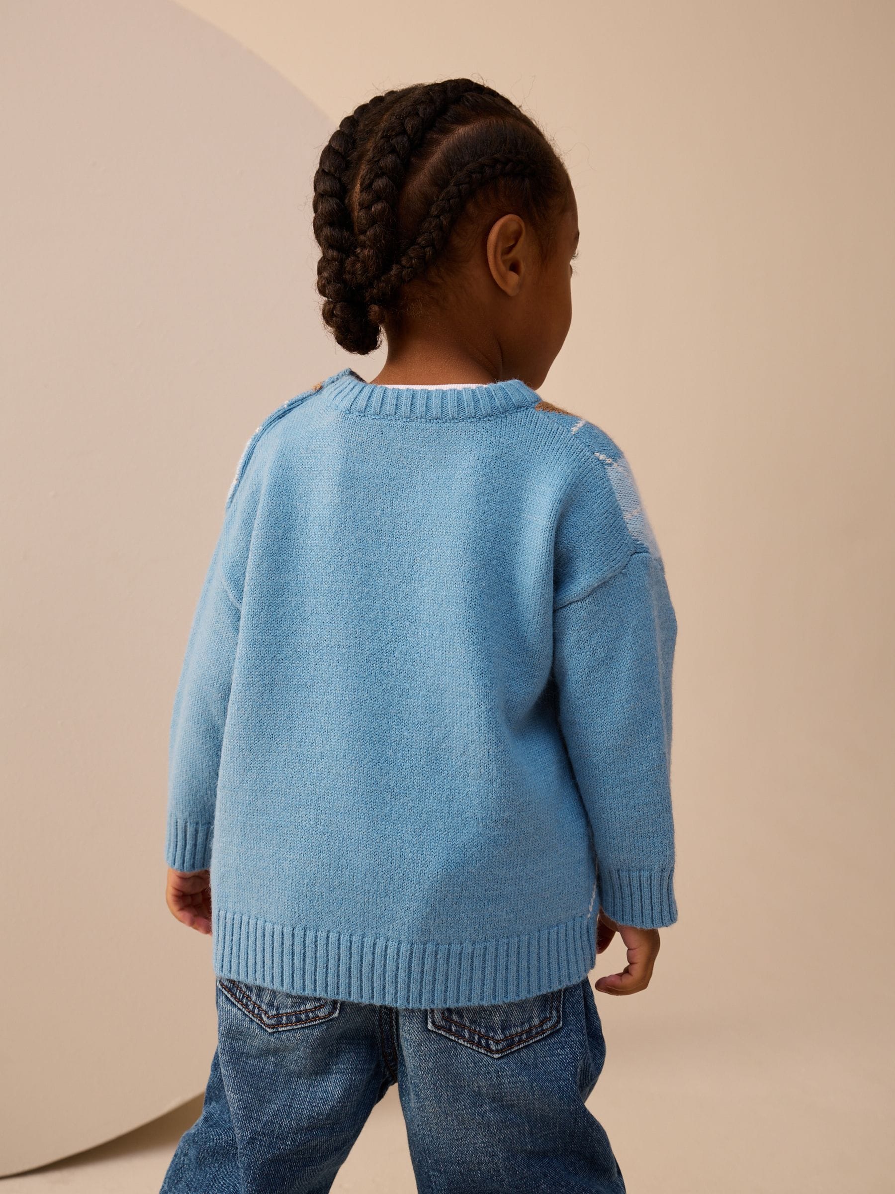 Blauw met argyle-patroon - Gebreide katoenen trui met ronde hals (3mnd -7jr)