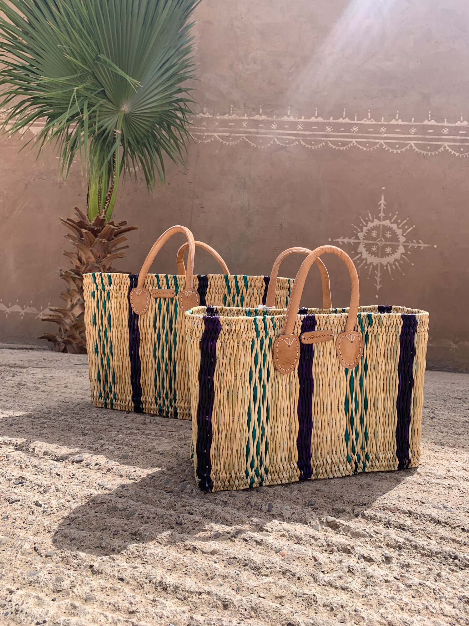 2er-Set Palmblatt-Taschen, natur, gestreift günstig bestellen