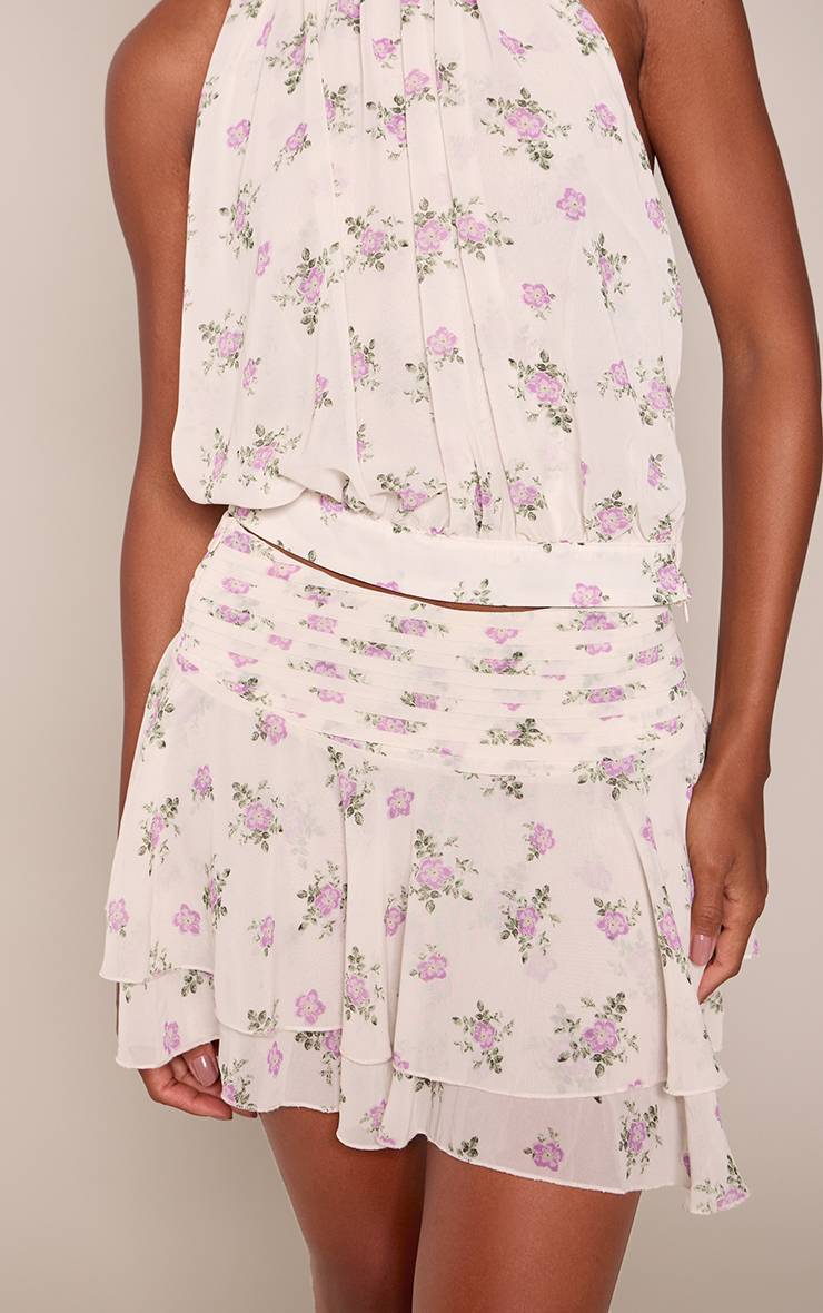 Crème Ensemble Jupe Mini Plissée À Volants En Mousseline Imprimé Floral