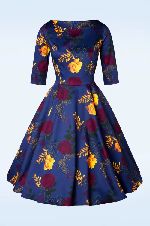 Topvintage Boutique Collection Exclusief bij Topvintage ~Adriana Swingjurk met lange mouwen en bloemen in marineblauw