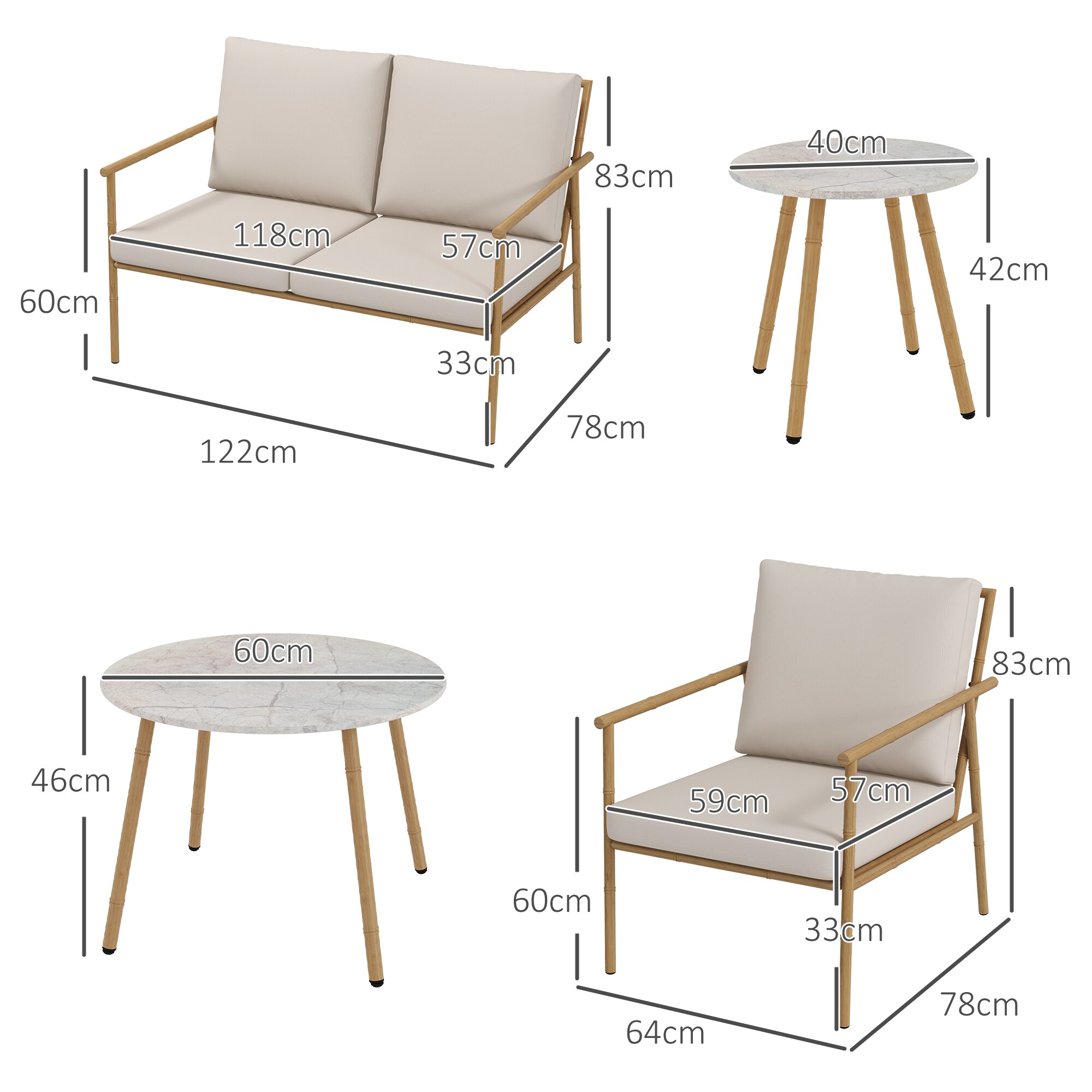 Outsunny Sitzgruppe mit Sitzkissen weiß 122L x 78B x 83H cm
