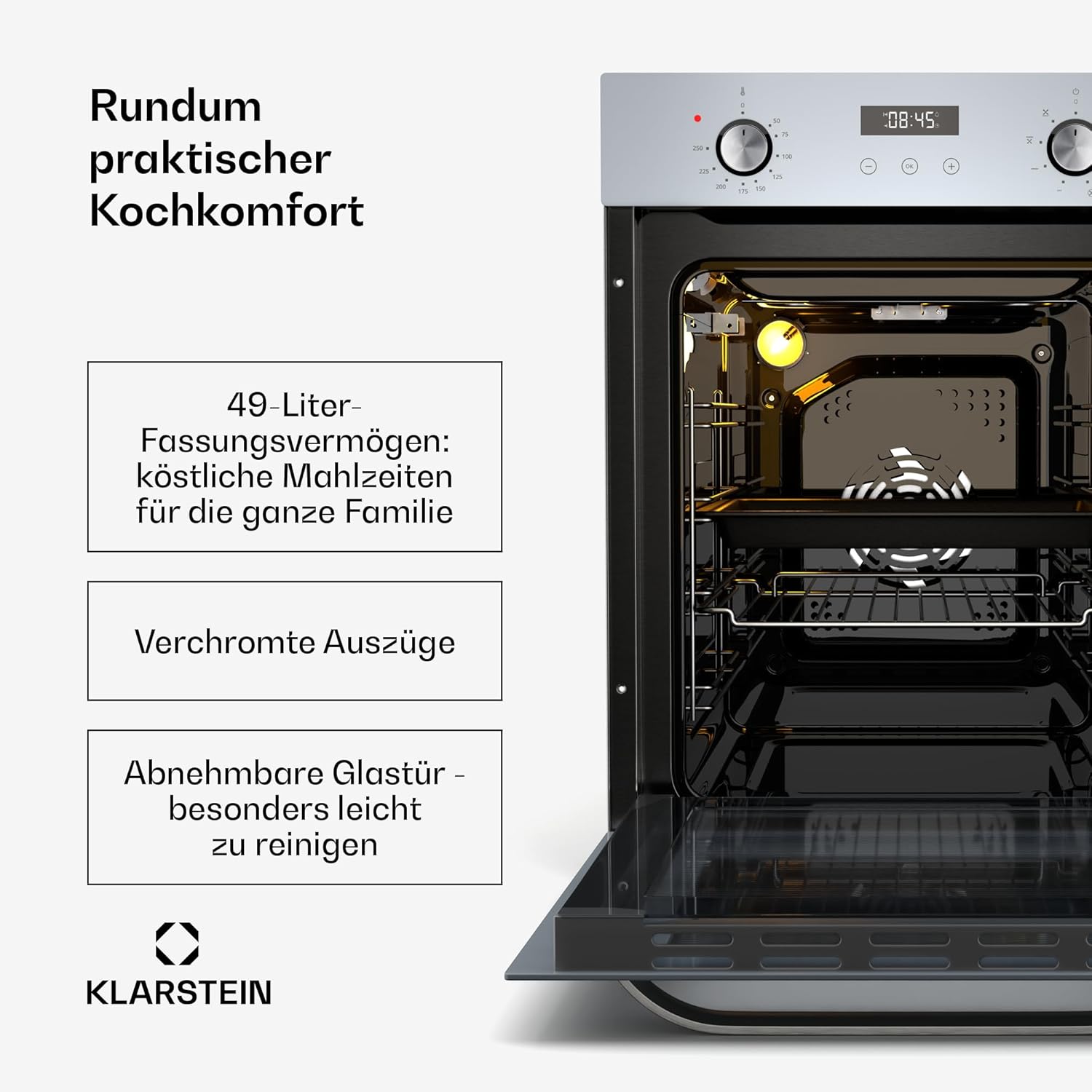Klarstein SmartSlim Einbaubackofen - 45 cm, 49 L, 9 Funktionen, Dampfreinigung, Abnehmbare Glastür, Energieklasse A, Schwarzes Glas, Digitaler Timer, Backofen Einbaugerät