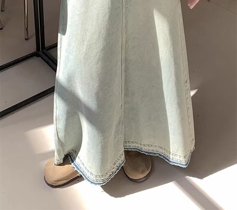 KONGER - Hoge taille gewassen gerafelde maxi A-lijn denim rok