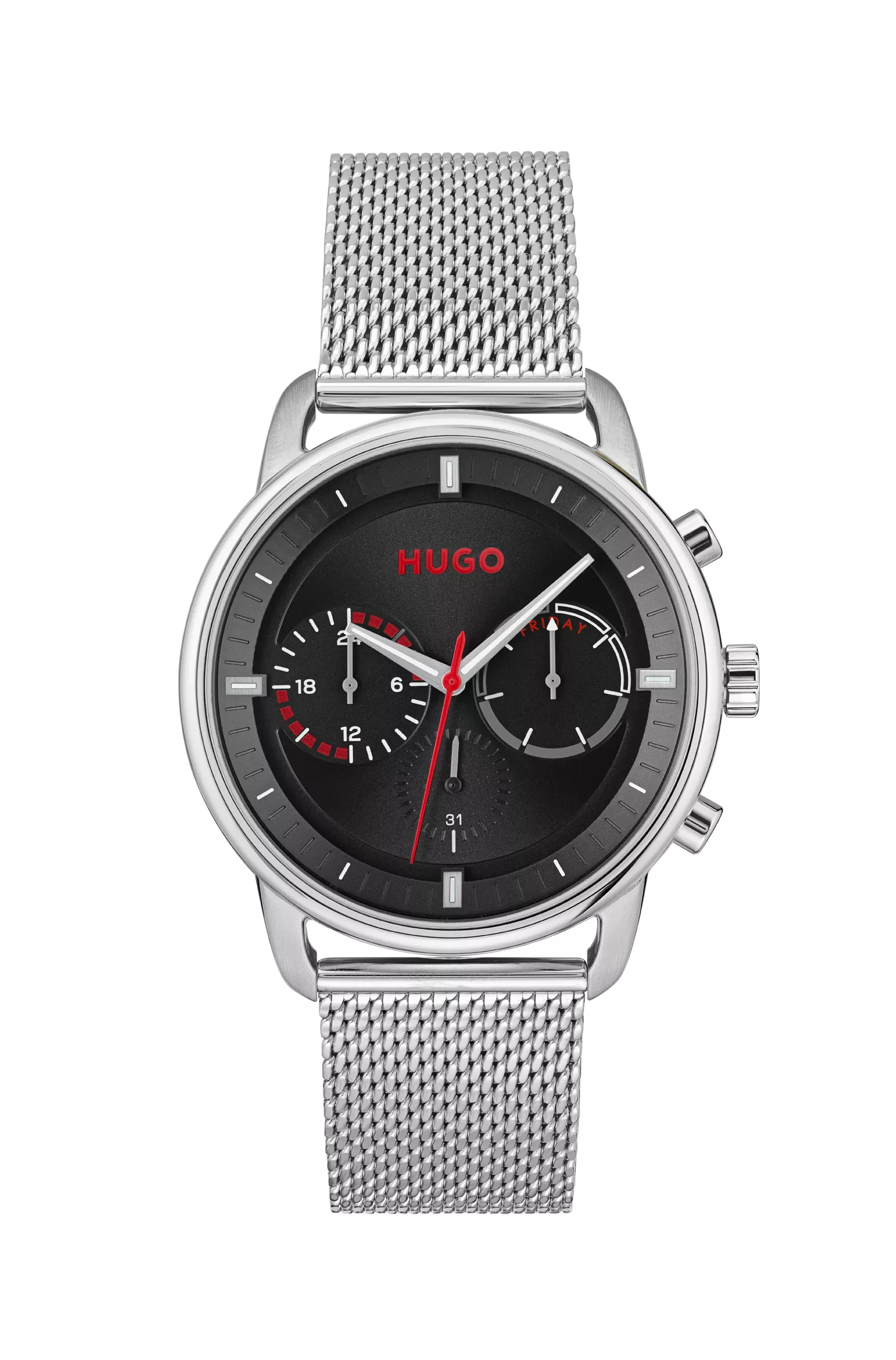 Relógio HUGO em aço inoxidável vermelho com mostrador preto e pulseira de malha.