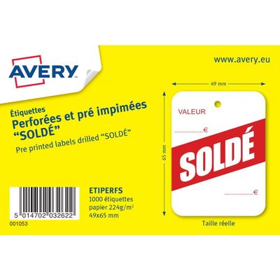 Avery - 1000 étiquettes perforées pré-imprimées Soldé - 49 x 65 mm - Blanc/Rouge