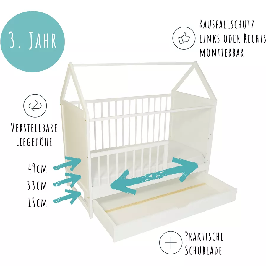 Kids Collective Beistellbett und Hausbett 60x120 cm mit Schublade, umbaubar weiß