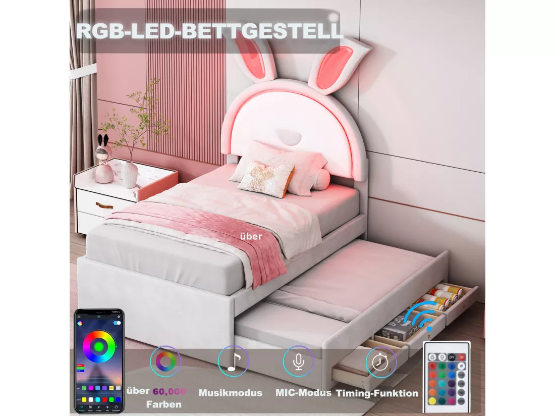 Lit gigogne 90x200+90x190cm, lit enfant capitonné en tissu velours, avec tiroir de rangement, tête de lit LED avec oreilles de lapin, beige
