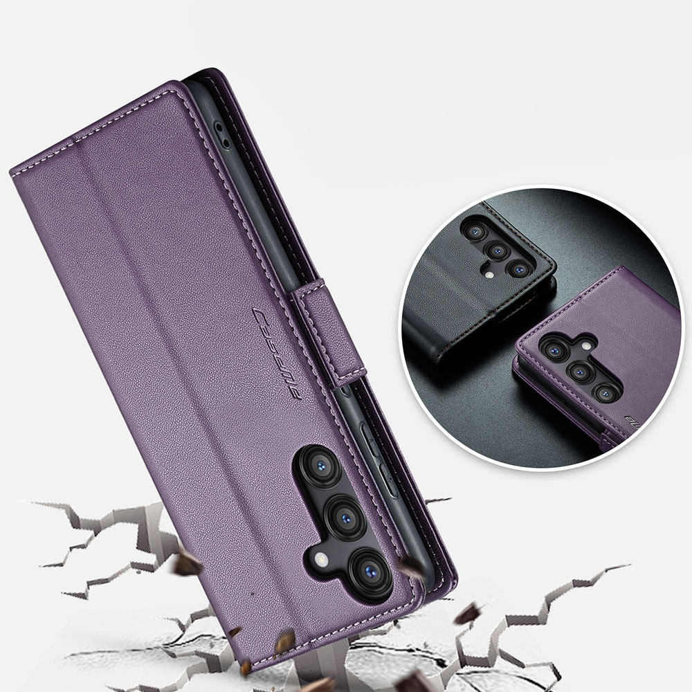 Samsung Galaxy S24 FE Leder Tasche Flip Wallet Etui mit Kartenfächern Litchi Look (RFID Schutz) - Violett