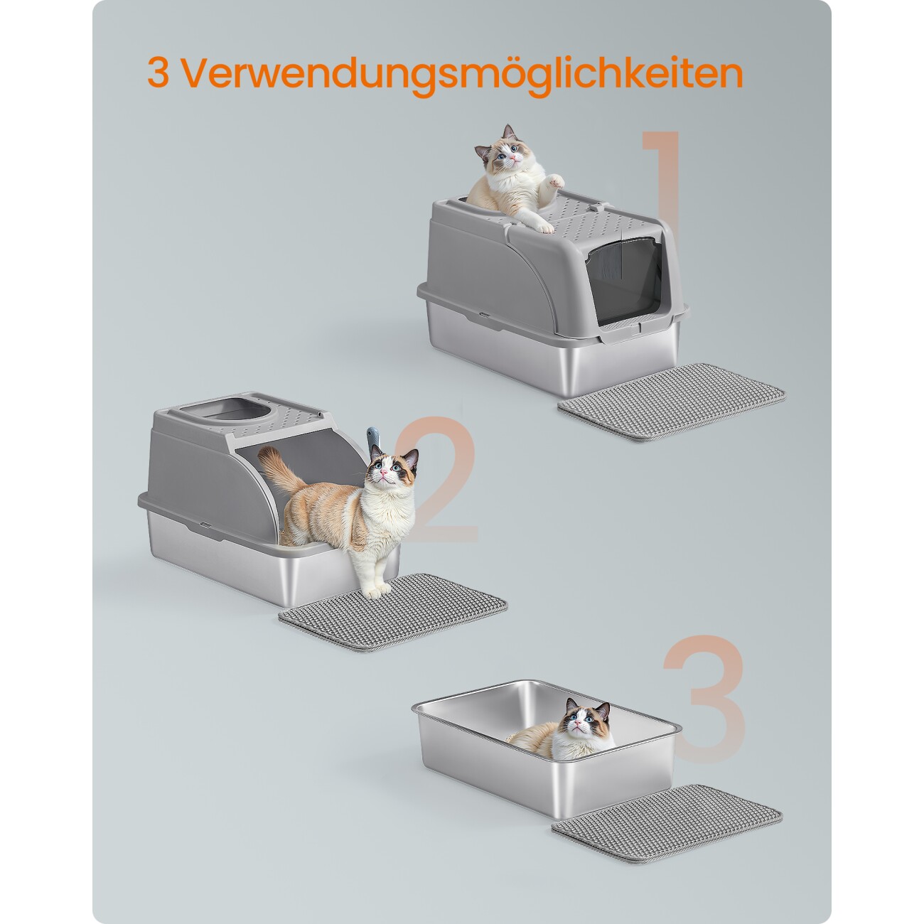 FEANDREA Edelstahl Katzentoilette XL mit Deckel 2 Eingängen grau