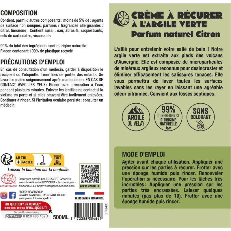 Crème à récurer à l'Argile verte Spado Origines - Flacon de 500 ml