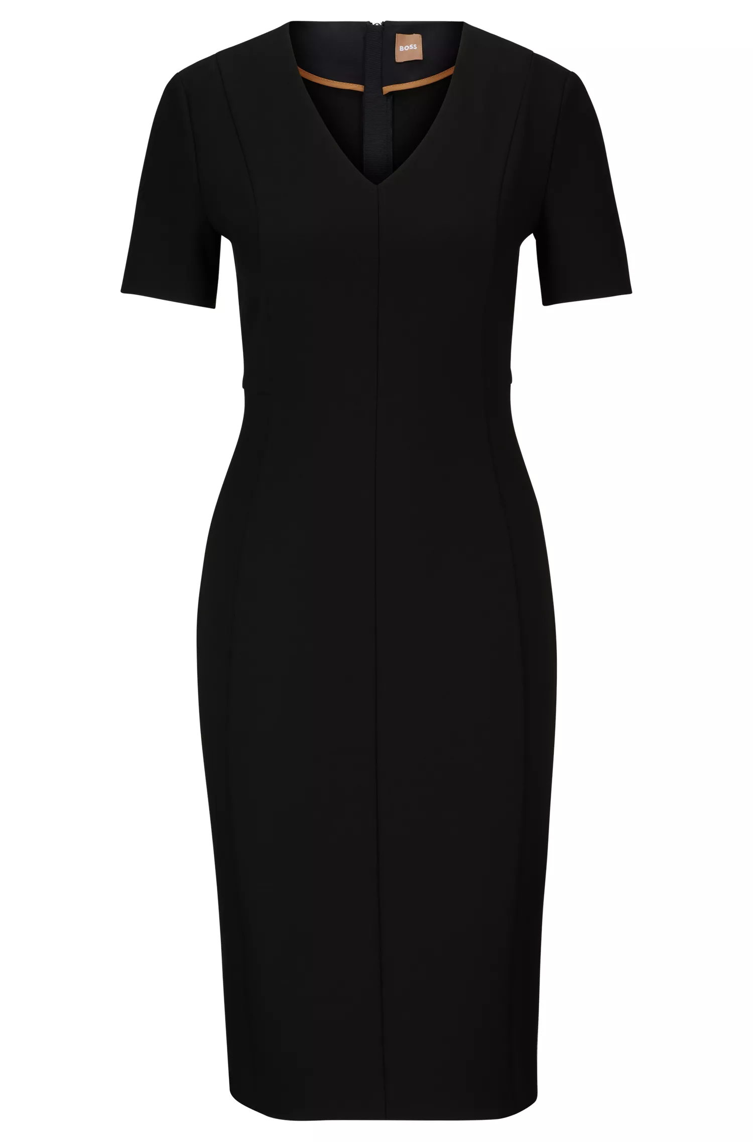 Vestido preto BOSS de corte justo com zíper frontal completo nas costas.