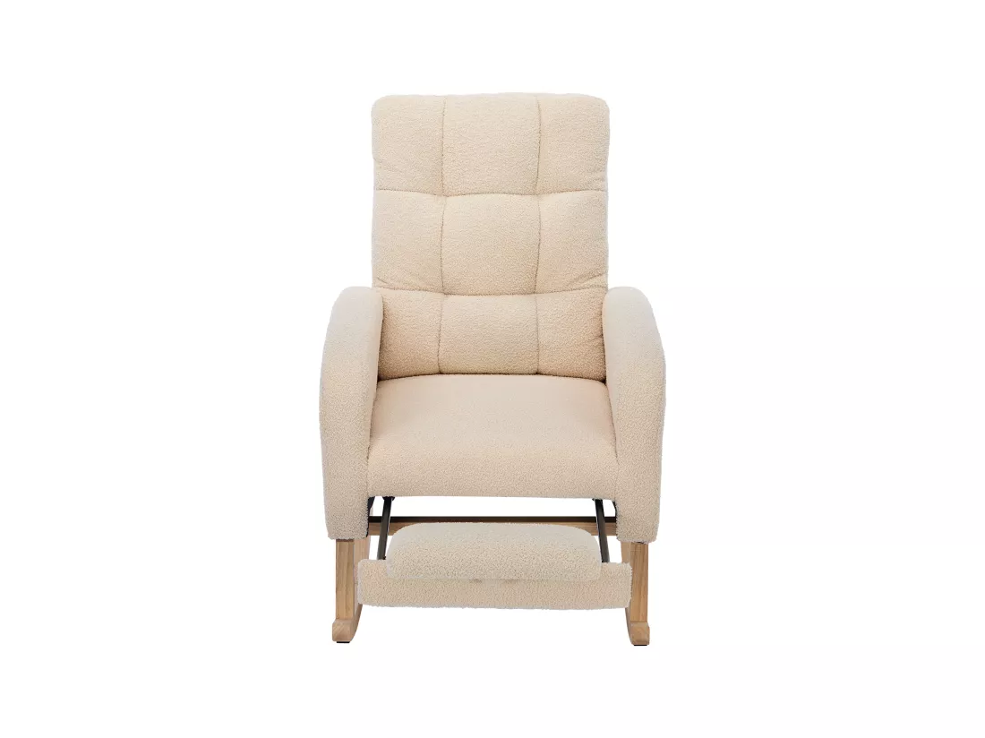 Fauteuil à bascule en velours teddy avec repose-pièds et accoudoirs - 132 x 50 x 99 cm - Structure en bois massif - Beige