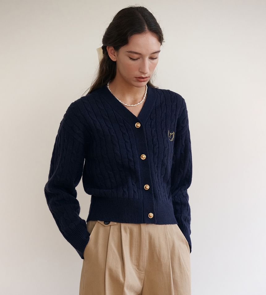 rolarola - V-hals kabelgebreid vest (marineblauw)