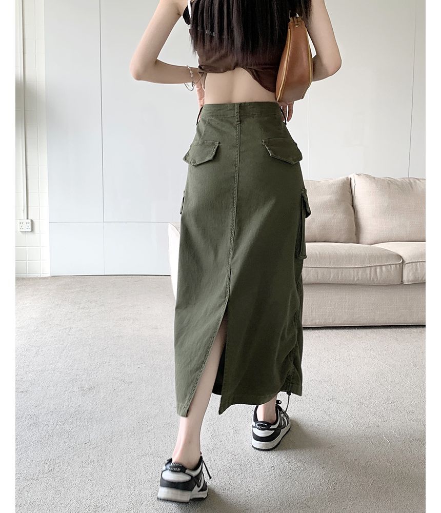 monroll - Mid-waist A-lijn cargorok met effen shirred midi-lijn