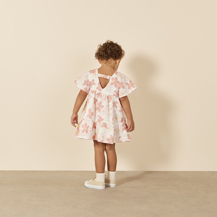 Robe manches courtes volantée imprimé floral pour bébé fille - Ecru