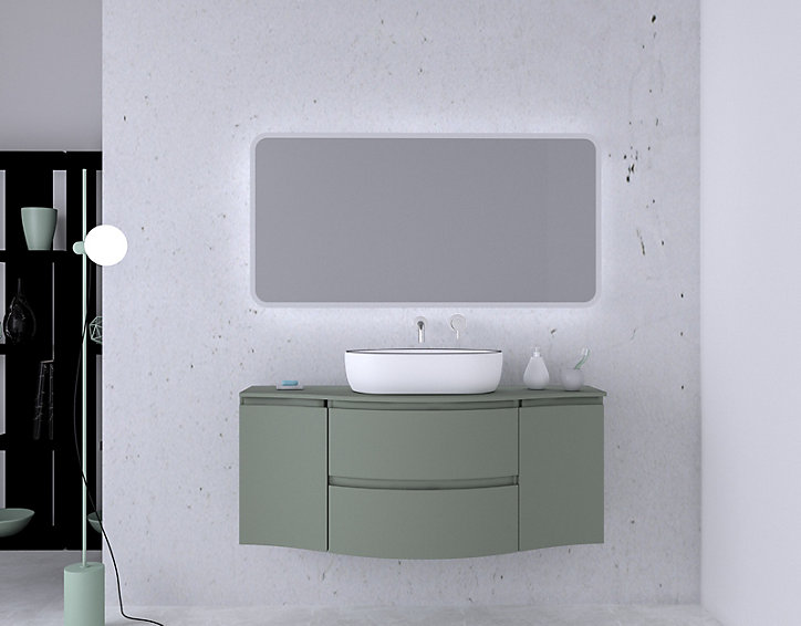 Ensemble Vague L.138 cm meuble sous vasque à suspendre kaki mat + plan de toilette central