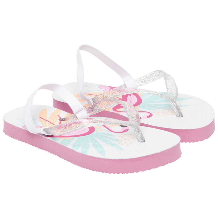 Tongs à bride pailletée print flamant rose pour fille avec lanière selon l'âge
