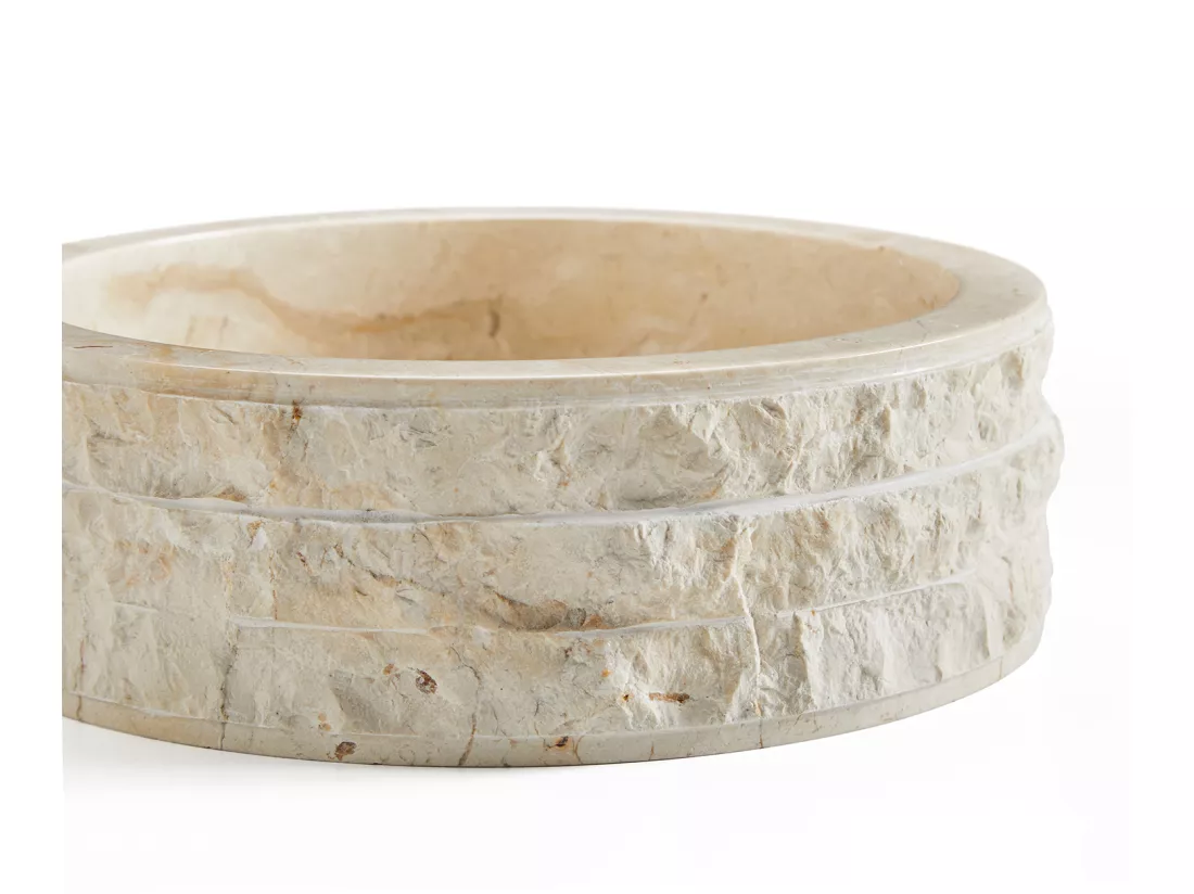 Vasque à poser / lavabo rond en marbre, coloris beige - Diamètre 40 x Hauteur 15 cm