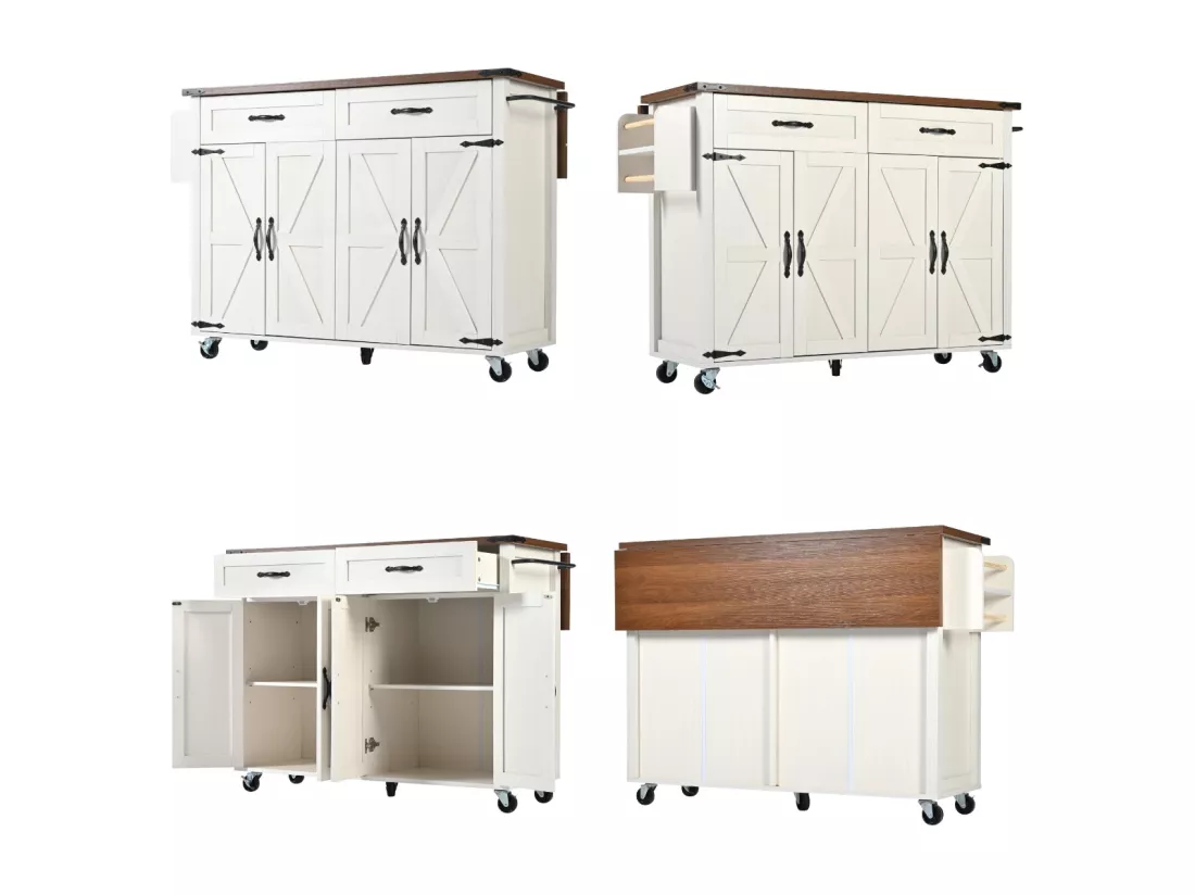 Ilot central de cuisine - avec plateau escamotable - 4 portes et 2 tiroirs - Beige