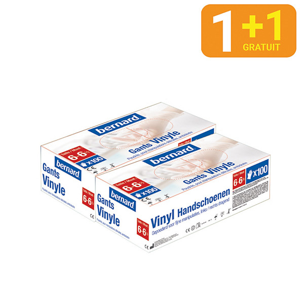 1 + 1 Gants jetables vinyle poudrés Premium Bernard taille 6, boîte de 100
