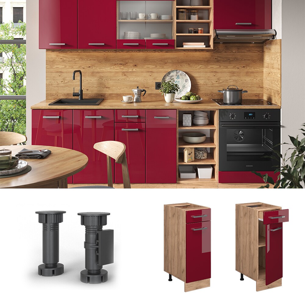Vicco Schubunterschrank Küchenschrank Küchenzeile R-Line 30 cm Eiche Bordeaux Tür Schublade