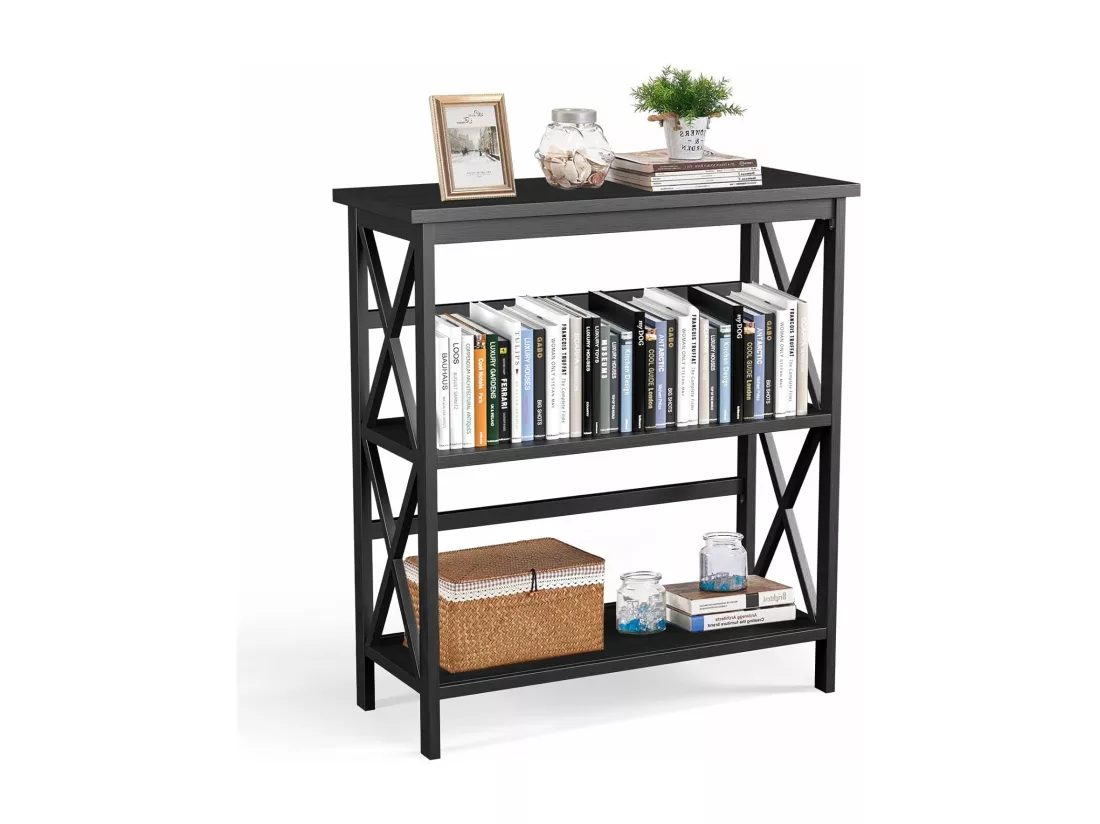 Bibliothèque étagère de rangement,en bois à 3 niveaux, dispositif anti-basculement (noir)