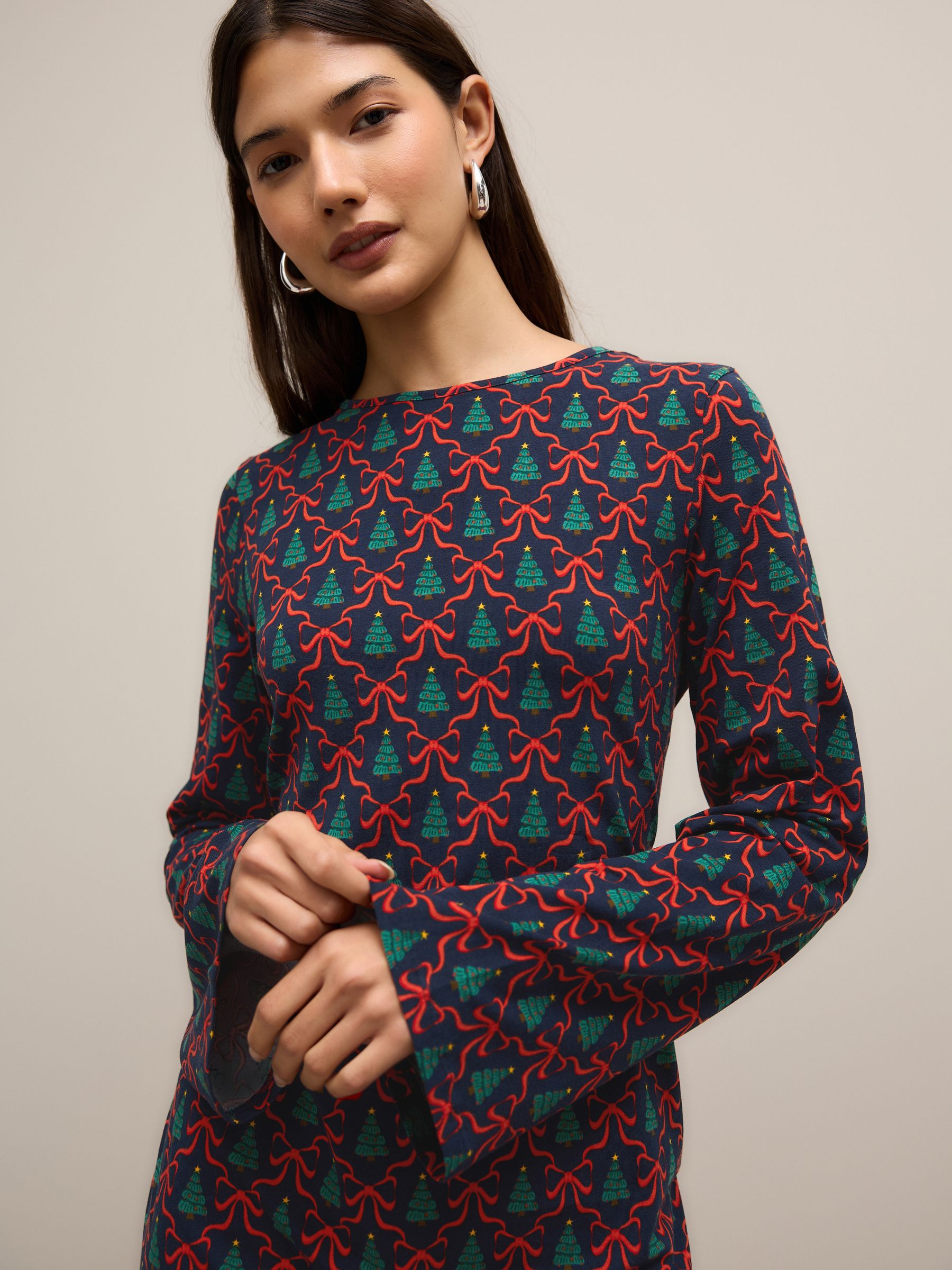 Marineblauw - Kerstmis Strik Print Lange Mouwen Jurk