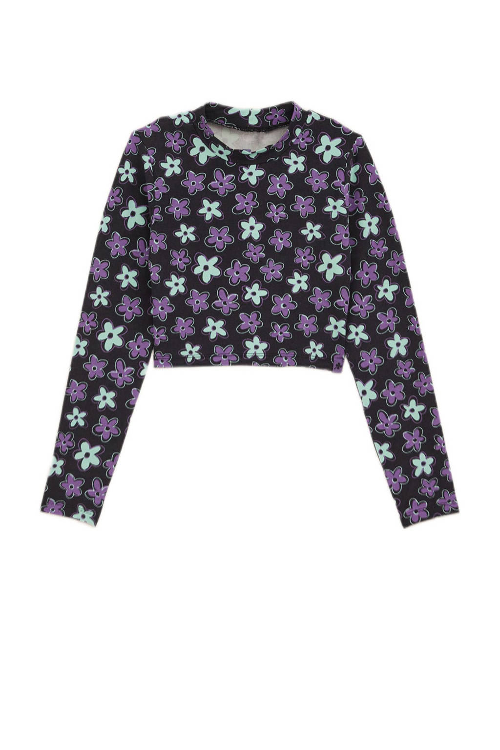 WE Fashion gebloemde longsleeve zwart/lichtblauw/paars