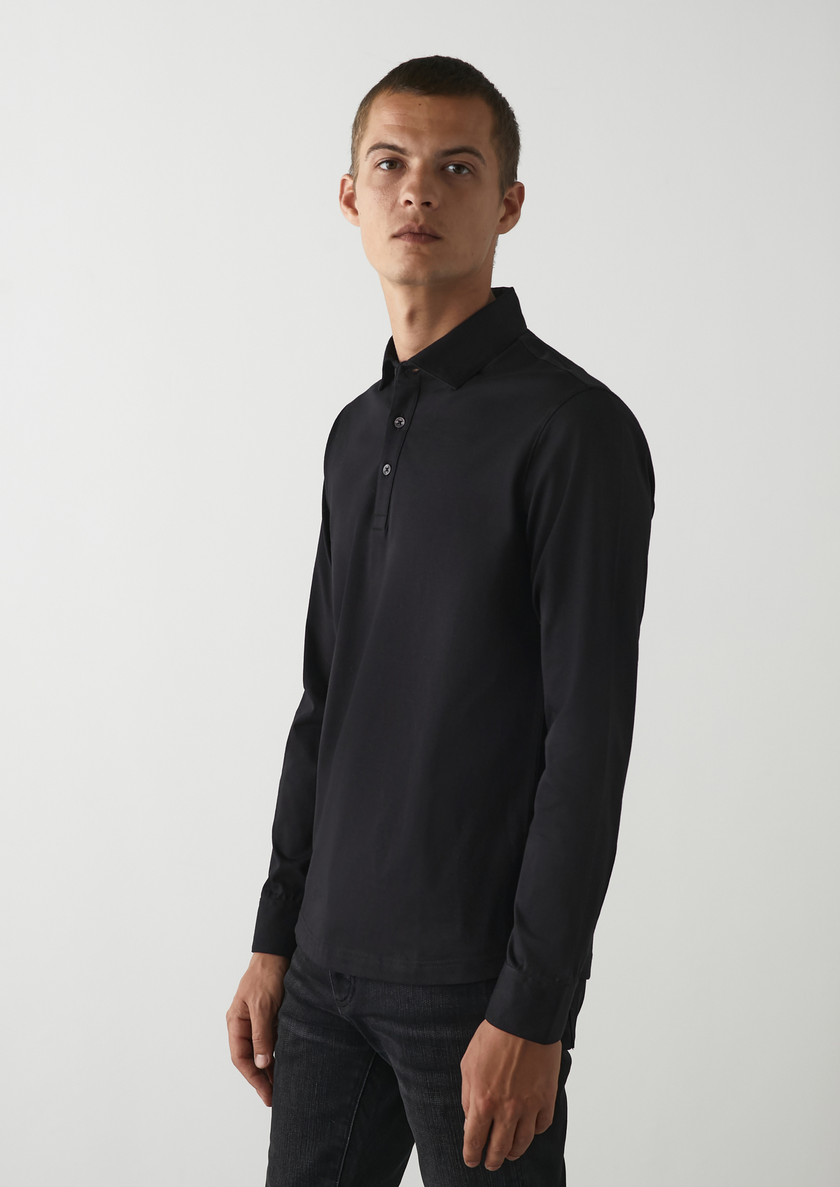 Polo manches longues Slim en coton uni noir