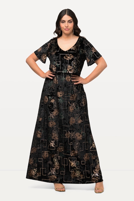 Abendkleid, Samt, V-Ausschnitt, Halbarm