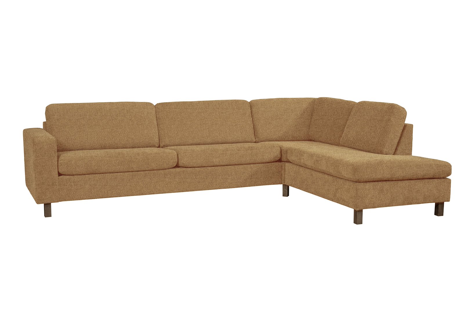Ellinor hjørnesofa Oppsett SH. 3,5-seter med åpen ende høyre. Tekstil Tweng 508 Camel Arm 1, Duo puter, Firkantet ben 12 cm Mocca