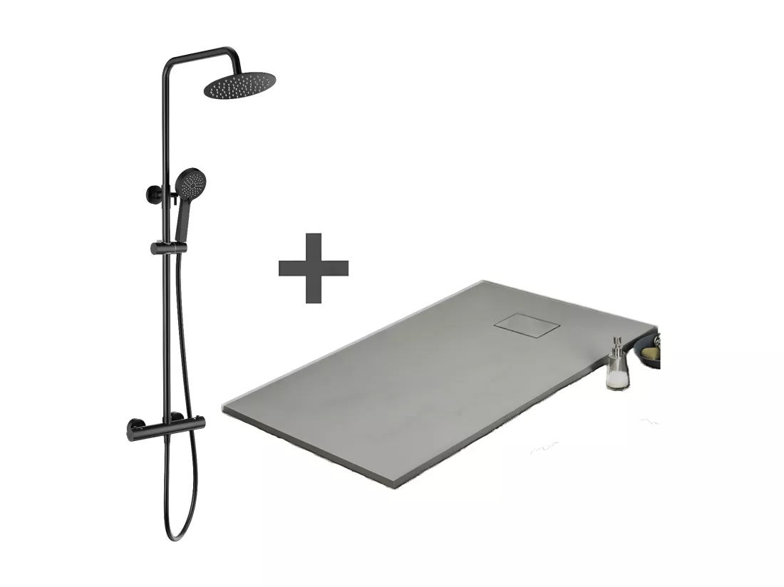 Pack Receveur de douche 90 x 130 cm extra plat gris + Colonne de douche thermostatique noir mat