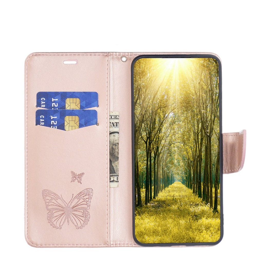 Samsung Galaxy S23 Ultra 5G Leder Tasche mit Kartenfach   Handschlaufe Schmetterling - Roségold