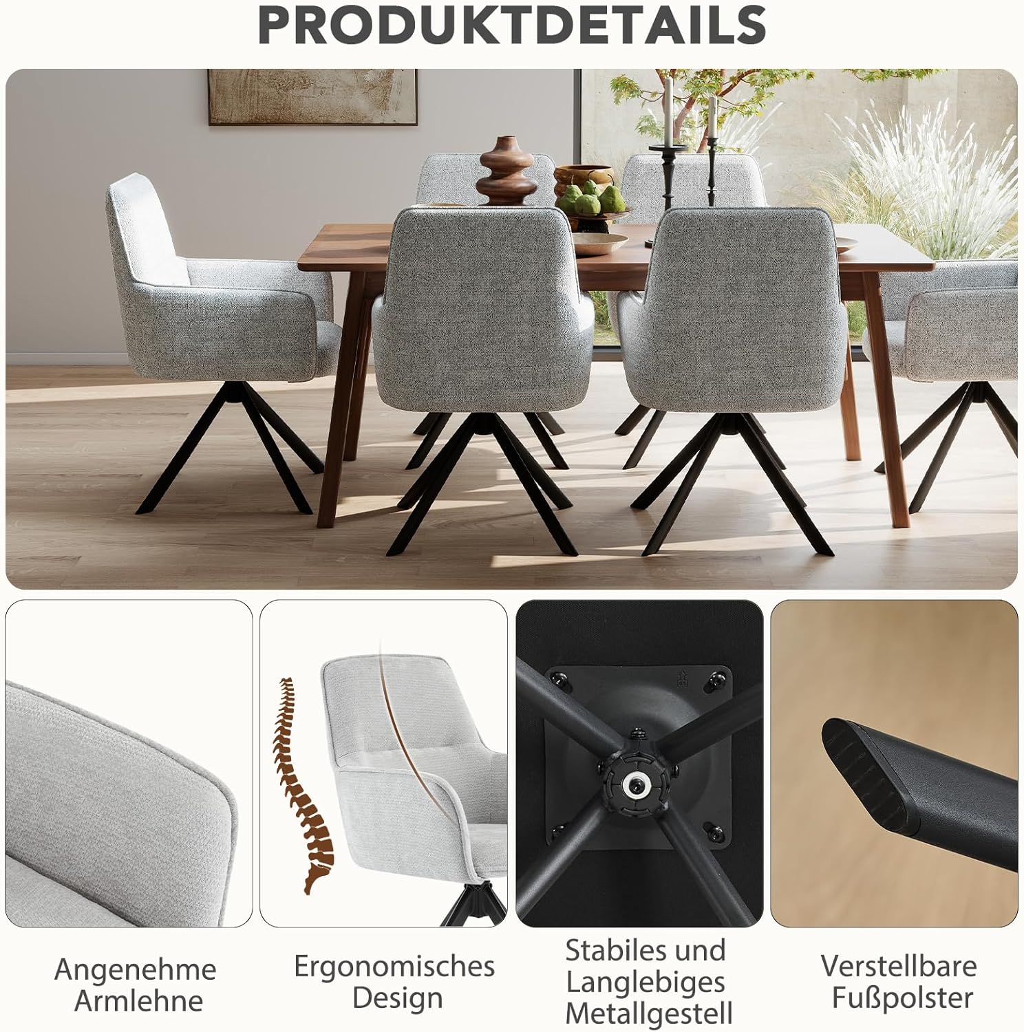 Esszimmerstühle Drehbar mit Armlehne 2er Set, 360°Drehbar Polsterstuhl Küchenstuhl aus Chenille, Stühle Esszimmer Schminkstuhl mit Metallbeine für Esszimmer Küche Schlafzimmer, Hellgrau