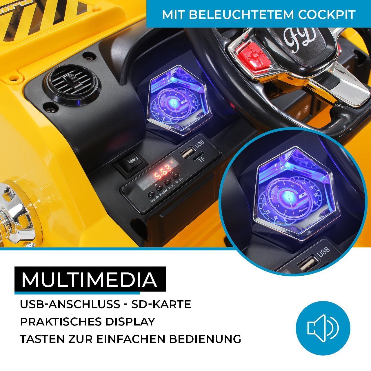 Escavadeira elétrica infantil Actionbikes Motors D2811 - inclui controle remoto e freio automático, capacidade de carga de 30 kg (3 peças), brinquedo elétrico infantil a partir de 3 anos - módulo de som - LED