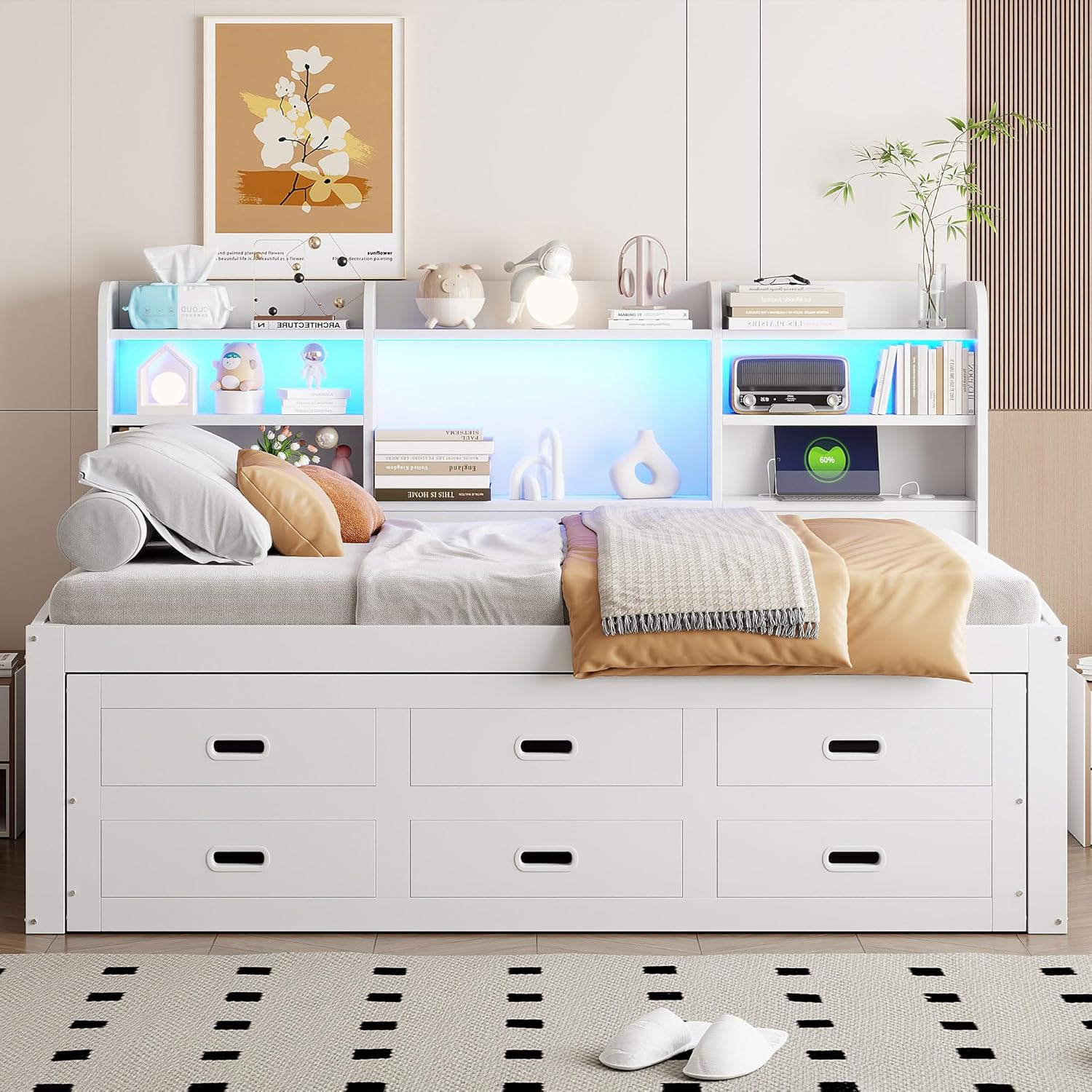 Tagesbett Schlafsofa 140x200 cm,Holz Multifunktionsbett mit USB-Steckdose, LED-Licht,Regal und 3 schubladen,Ausziehbares Schlafsofa,Doppelbett,Massivholzbett,Ohne matratze,Weiß (140×200cm)