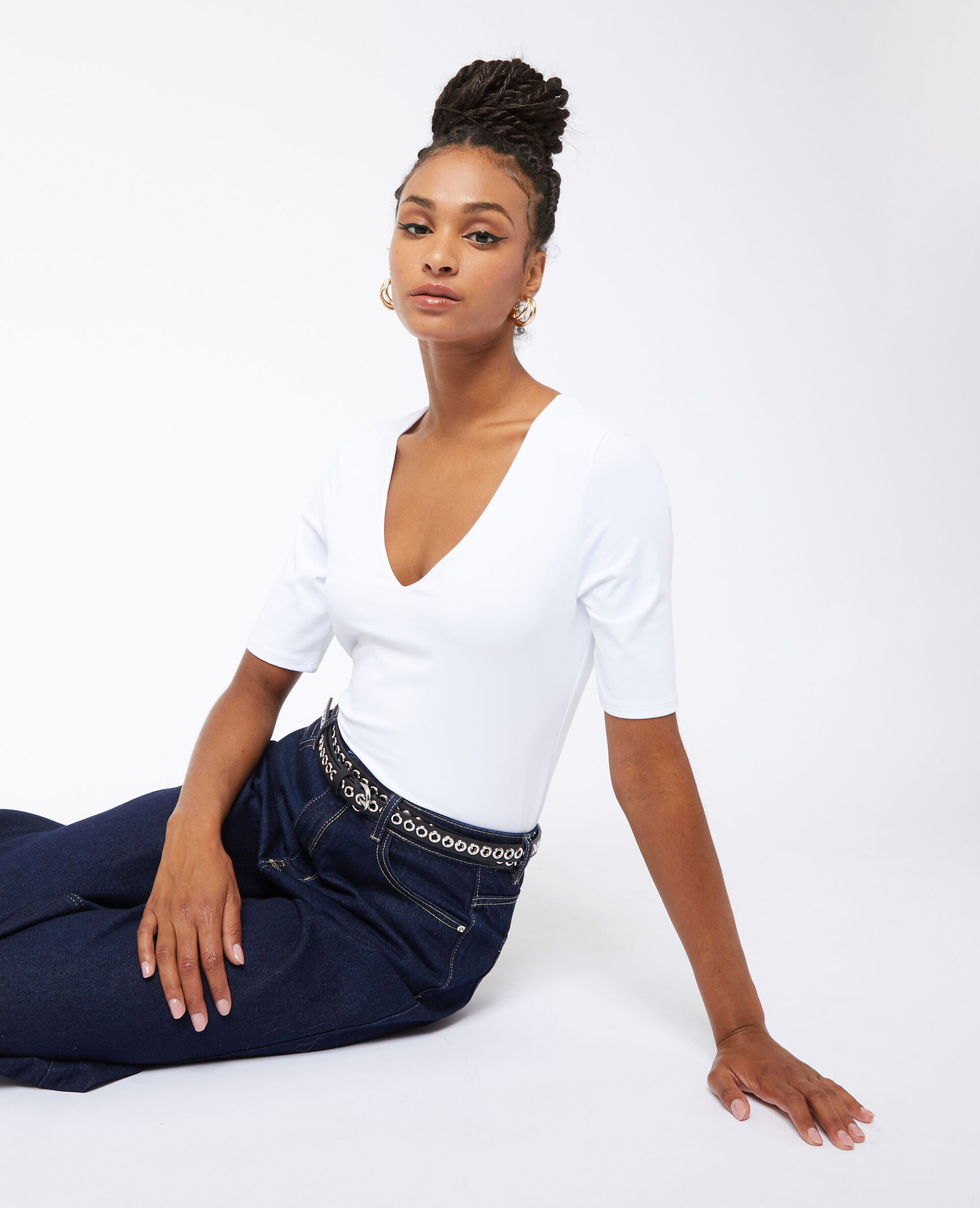 Top col V en maille - Blanc