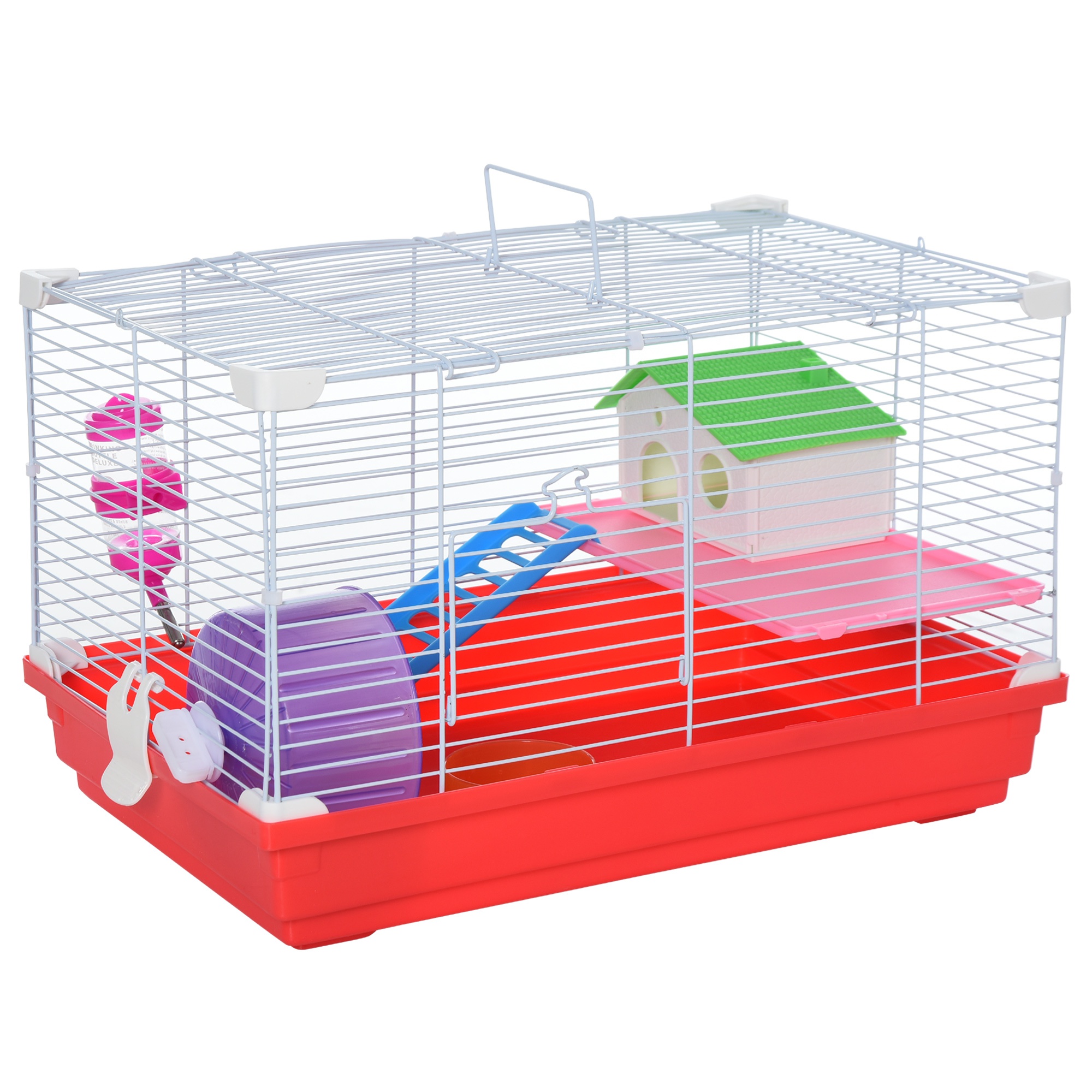 Gaiola PawHut para Hamster, Casinha para Hamster 47x30x27 cm com 1 Andar, Comedouro, Bebedouro, Rampa, Roda de Exercícios para Pequenos Animais, Branca e Vermelha